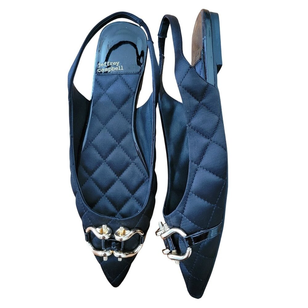Jeffrey Campbell 7.5 Black Quilted Satin Flats Gold‎ Chain Pointed Toe LENORA